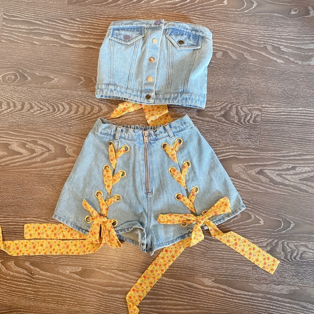 🆕denim set bustier+high waisted shorts M